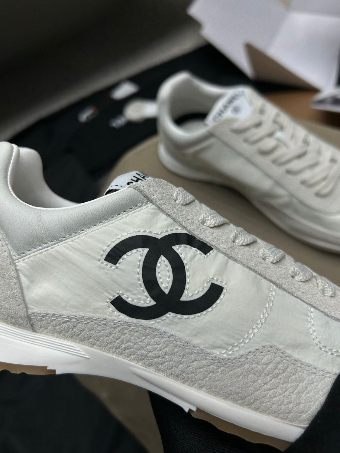 Chanel Sneakers Fabric Embossed Suede Calfskin White Black #379143