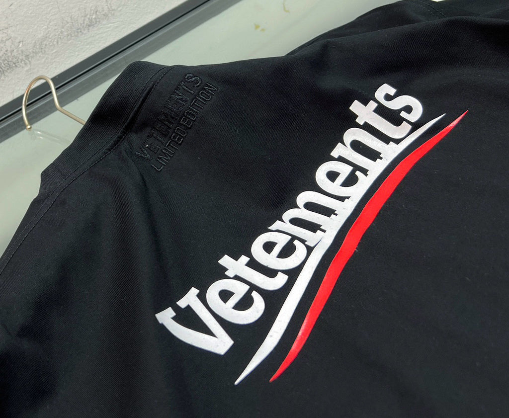 Vetements Men's and Women's Summer Letter Logo Printed Solid Colour Drop Shoulder Short Sleeve T-Shirt #99271