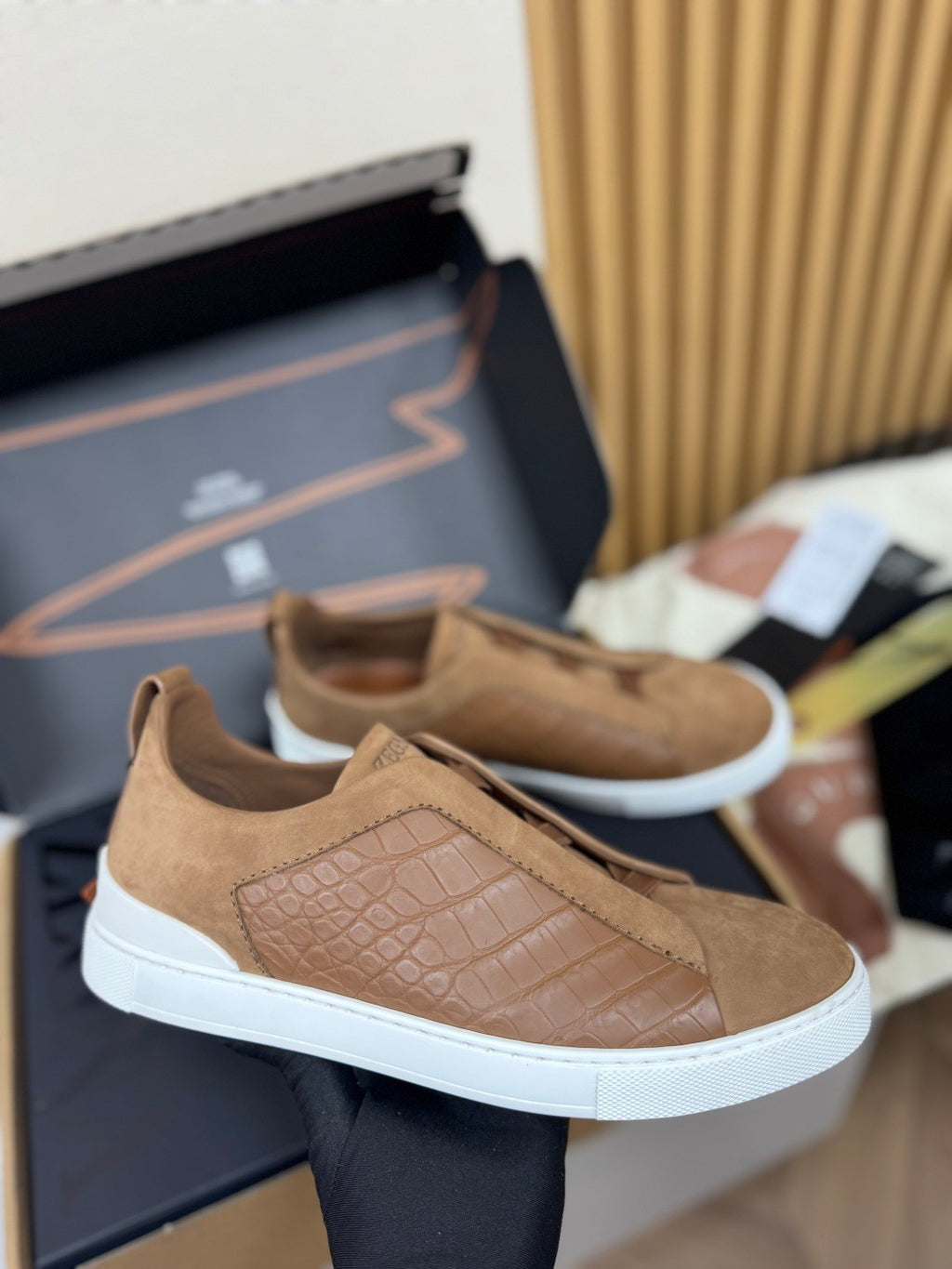 Ermenegildo Zegna Men's Fashion Classic Round Toe Slip On Flat Low Top Crocodile Leather Suede Patchwork Luxury Business Casual Shoes #79375