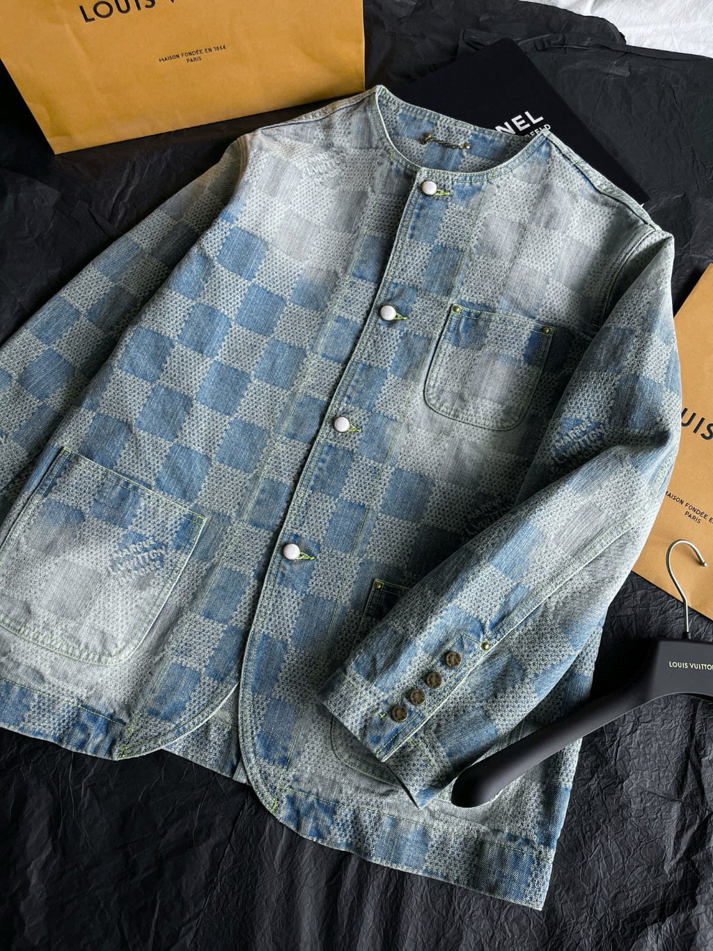 Louis Vuitton Men's Spring And Fall Fashion Plaid Denim Suit Gradient Wash Vintage Round Neck Jacket Casual Flared Pants Set #99297