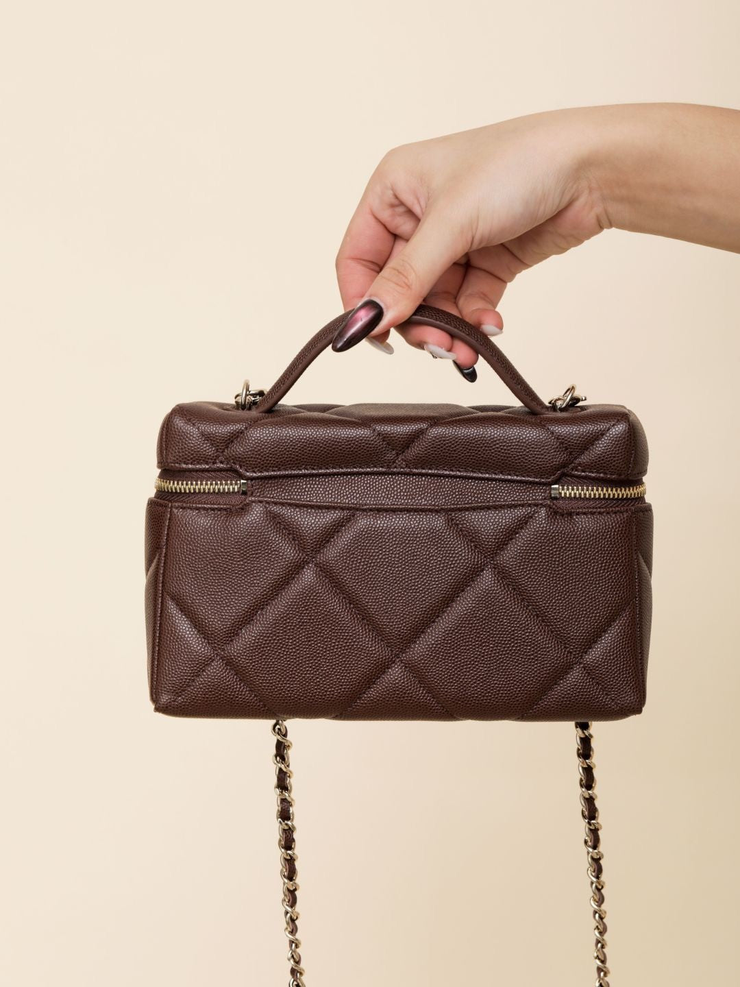 Chanel Chain Dressing Table Grained Shiny Calfskin with Gold Metal Dark Brown Fashion #332778