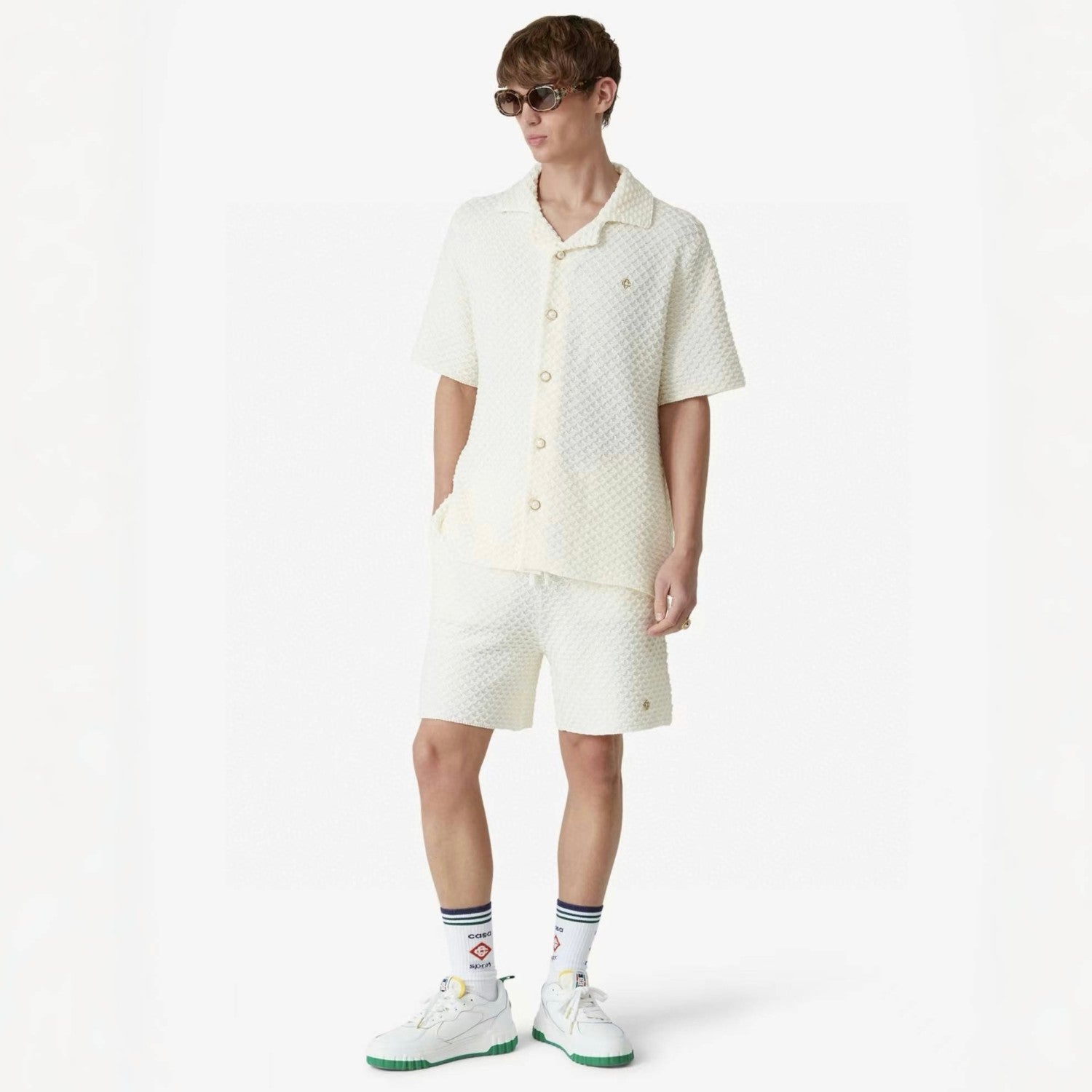 Casablanca Men's Summer Solid Color Single Breasted Knit Short Sleeve Shirt Lace Up Casual Shorts Set Suit #75965