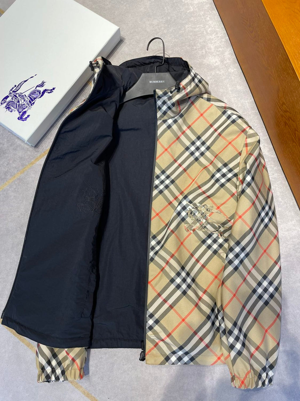 Burberry Men's Autumn and Winter Check Printed Reversible Zipper Hooded Long Sleeve Jacket #73814