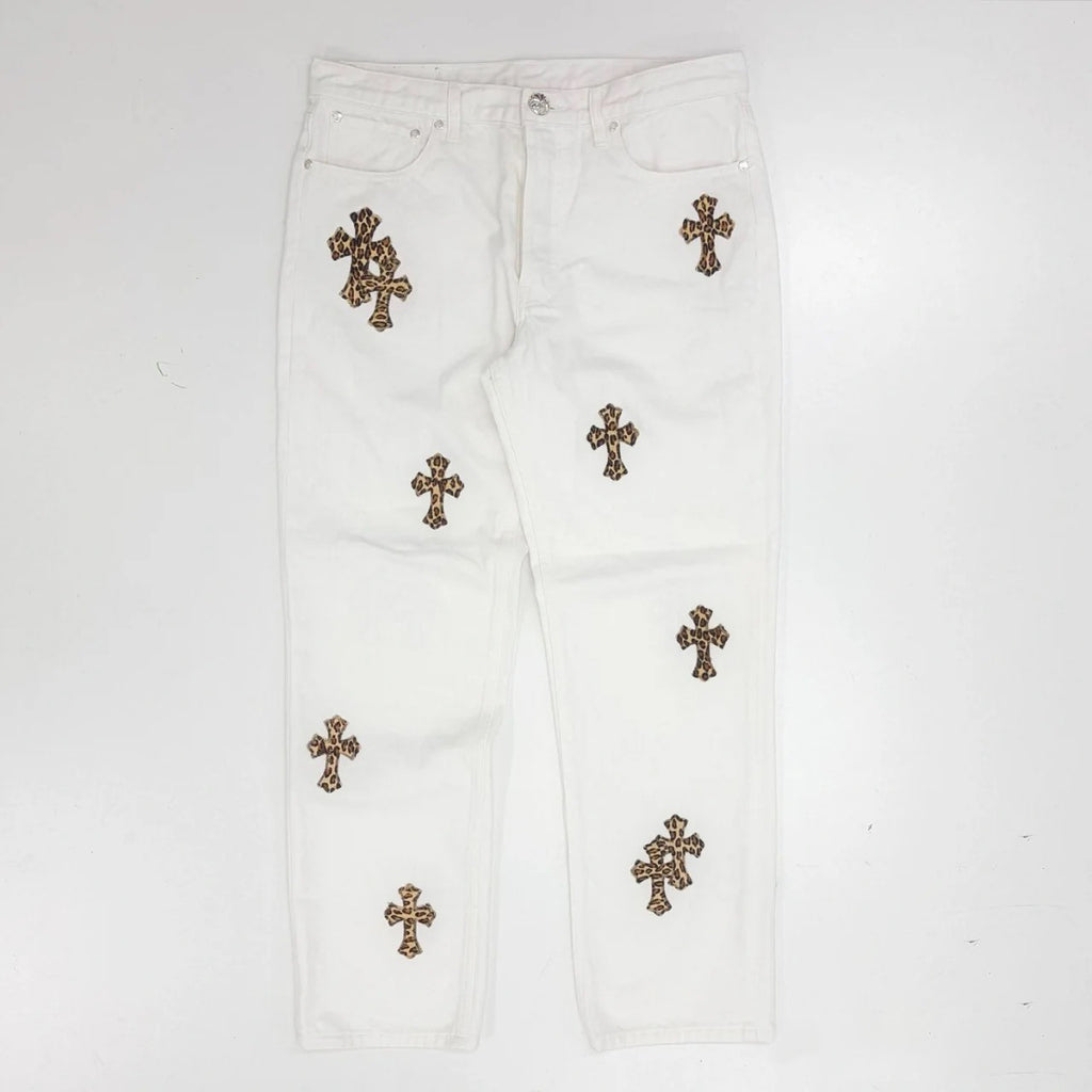 Chrome Hearts Men's Four Seasons High Street Leopard Cross Embroidered Old White Casual Straight Leg Trousers #98635