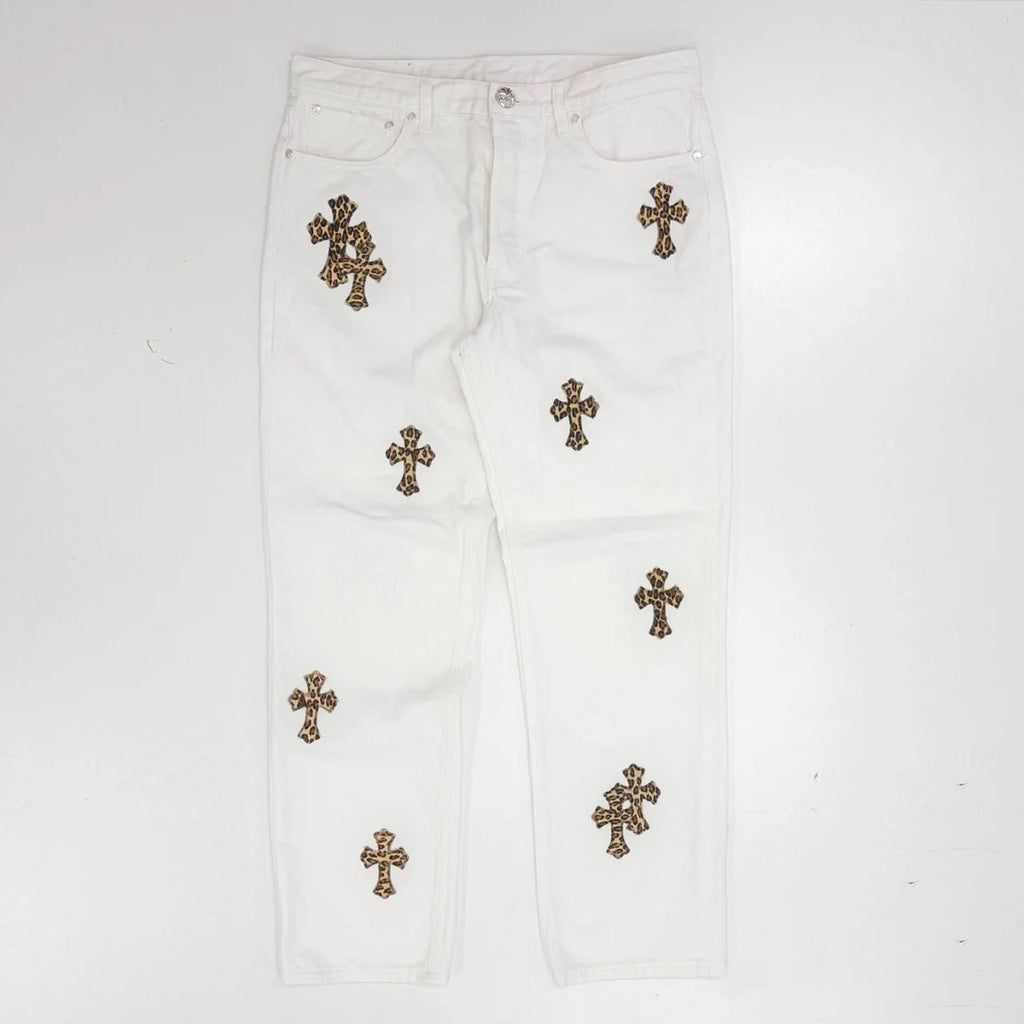 Chrome Hearts Men's Four Seasons High Street Leopard Cross Embroidered Old White Casual Straight Leg Trousers #98635
