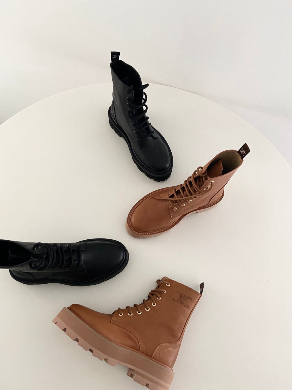 Celine Bulky Women's Solid Color Comfortable Leather Thick Sole Lace-Up Mid-Length Boots Shoes #73715