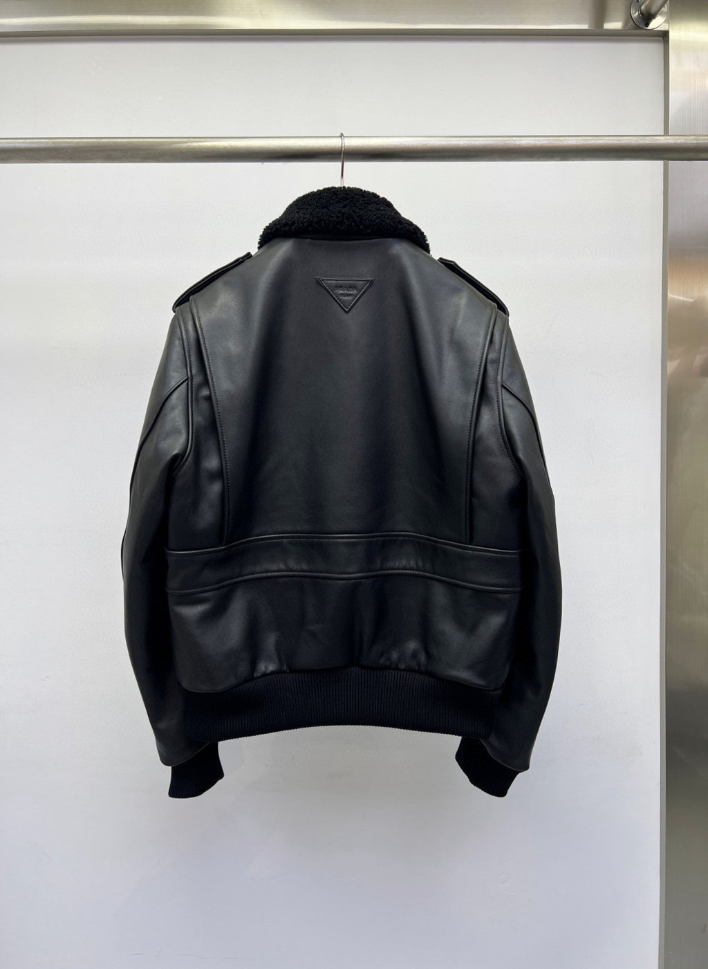 Prada Men's Autumn Winter Black Hair Collar Zip Leather Long Sleeve Jacket #99477