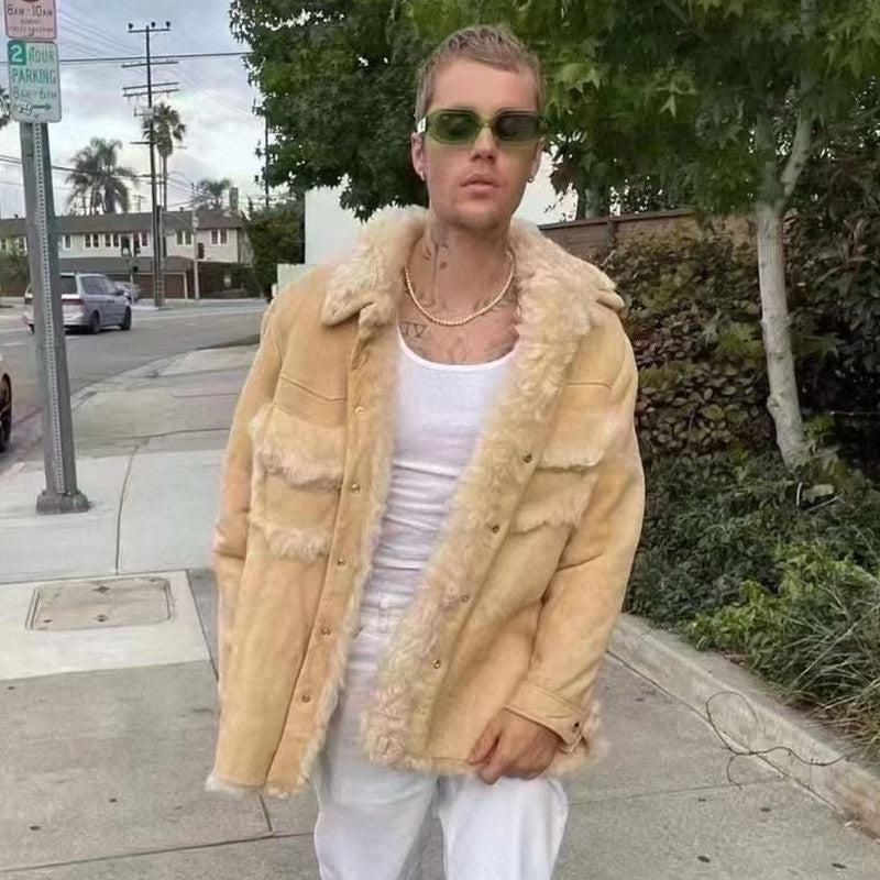 Eli Russell Linnetz Men's Autumn And Winter High Street Solid Color Lamb Fur Fur Jacket Long Sleeve Coat Ngvp #7778