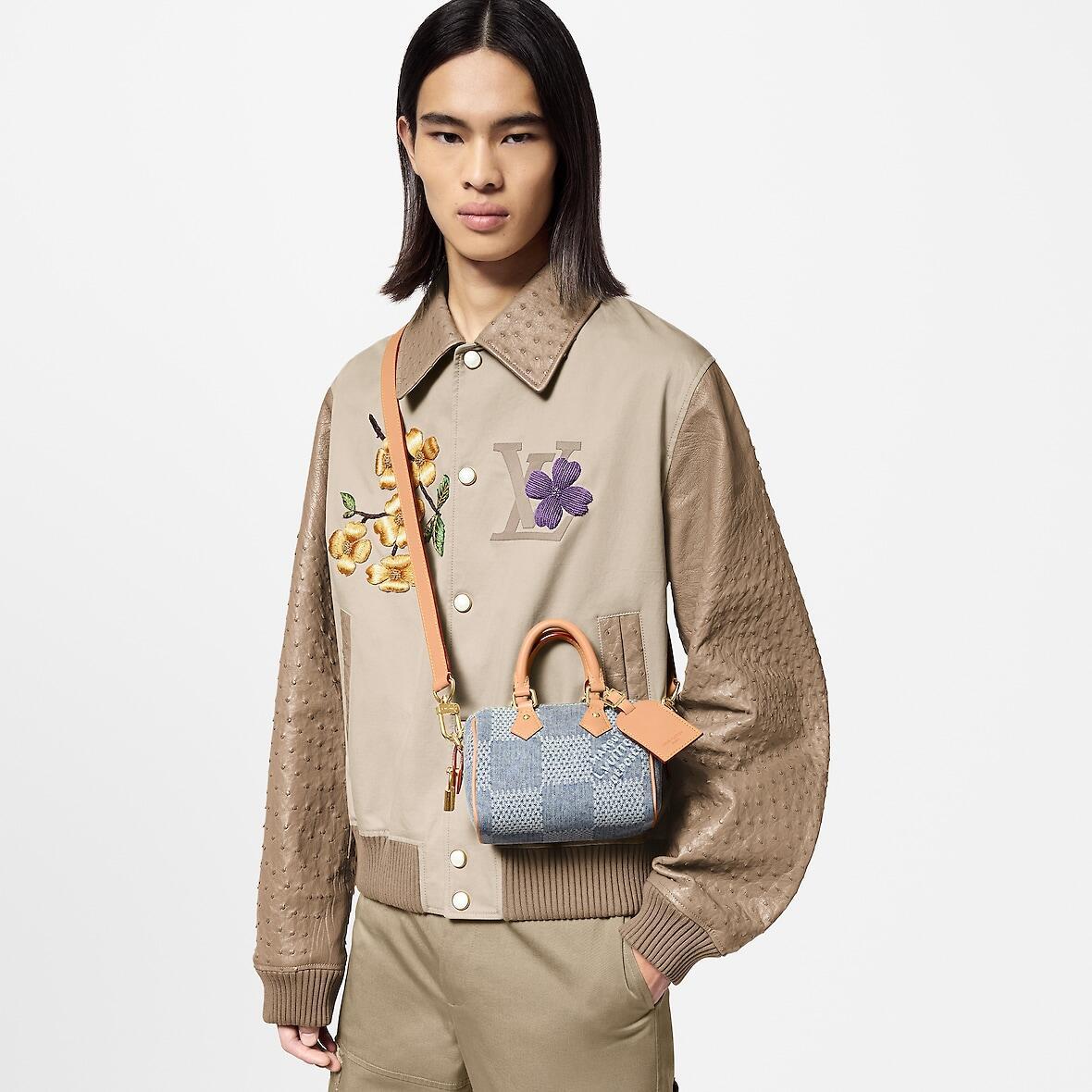 Louis Vuitton Speedy 18 Bandoulière Men's and Women's Checkerboard Printed Denim Patchwork Leather Single Shoulder Crossbody Tote Bag Bags #76848