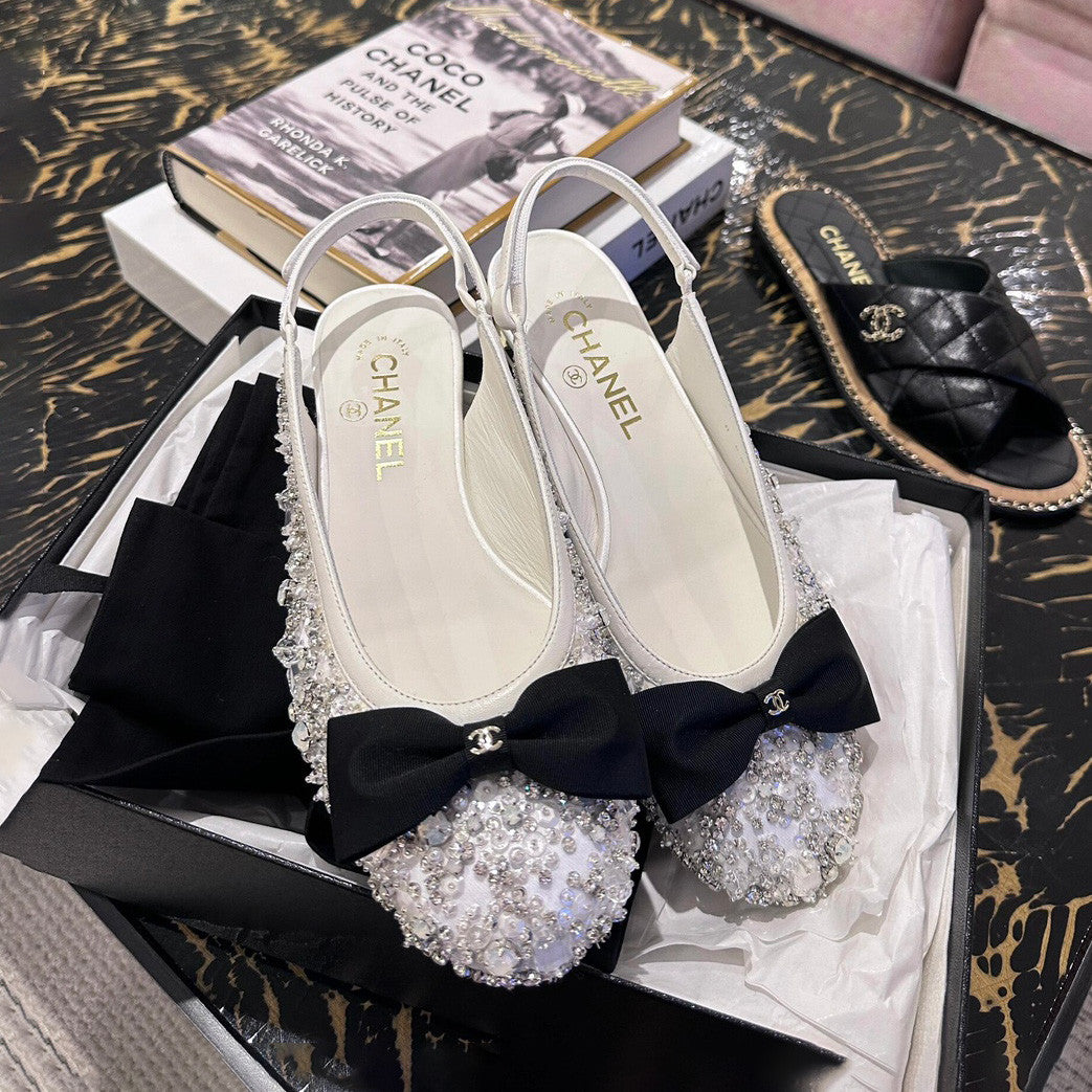 Chanel Women's Classic Fashion Spring Summer And Fall Bow Round Toe Diamond Mary Jane Shoes Slip-on Open Back Shoes #78228