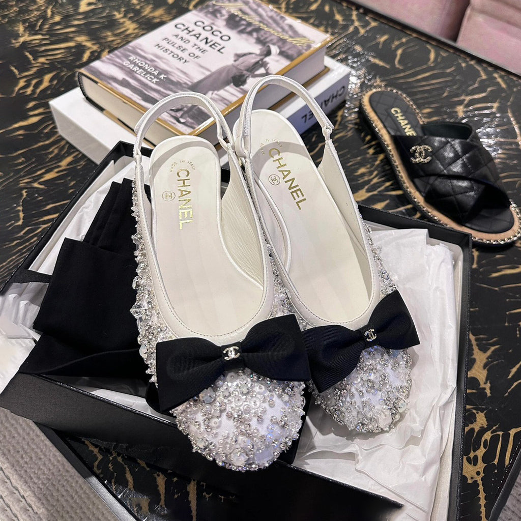 Chanel Women's Classic Fashion Spring Summer And Fall Bow Round Toe Diamond Mary Jane Shoes Slip-on Open Back Shoes #78228