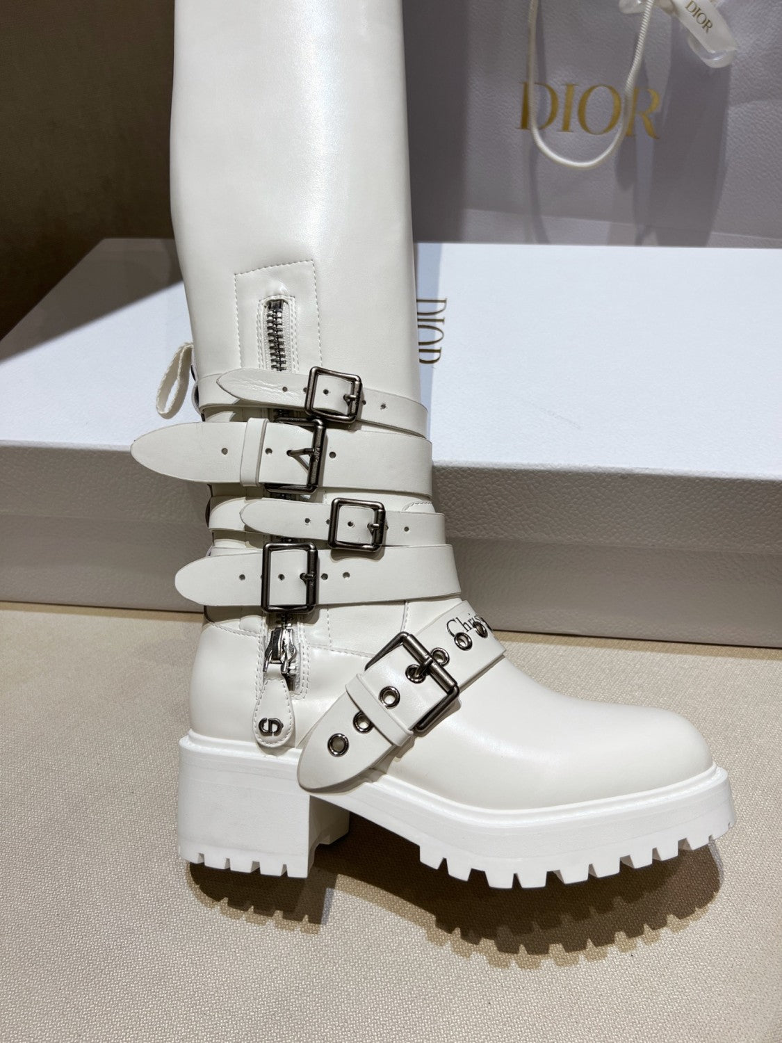 Dior D-Fight Women's Fall/Winter Classic Fashion Round-Toe Zipper Chunky Heel Leather Over-the Knee Boots Shoes #78766