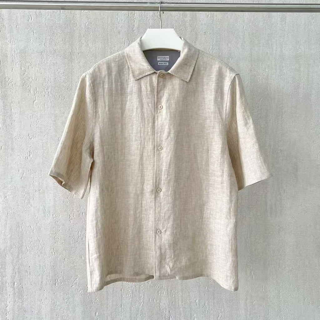 Brunello Cucinelli Men's Linen Loose Summer Single-Breasted Solid Color Lapel Short Sleeve Shirt Ngvp #1454