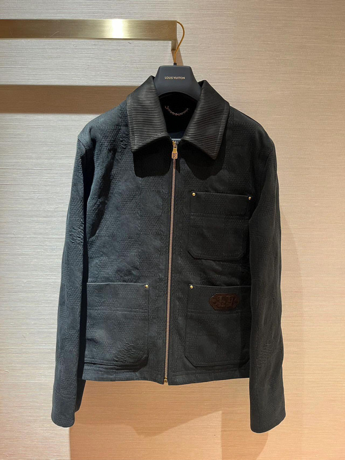 Louis Vuitton Men's Spring and Fall Black Embossed Pattern Spliced Zipper Long Sleeve Jacket #74969