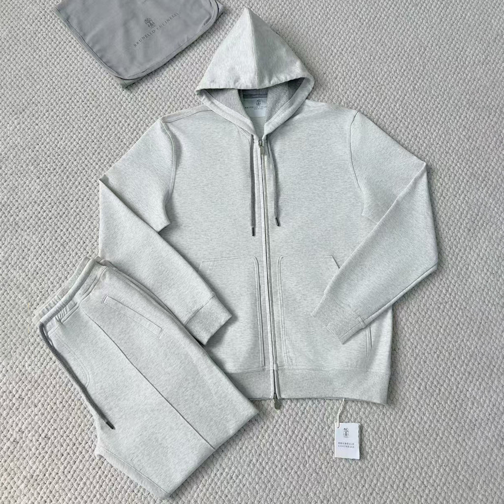 Brunello Cucinelli Men's Solid Colour Hooded Zip Sweatshirt Jacket Drawstring Comfort Straight Trousers Pants Sweatpants Suit Set  #81324