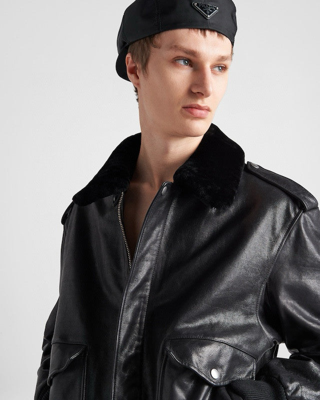 Prada Men's Autumn Winter Black Hair Collar Zip Leather Long Sleeve Jacket #99477