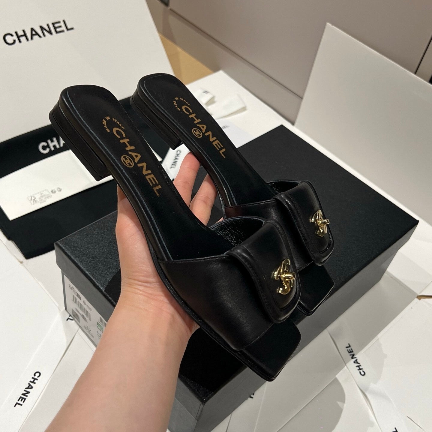Chanel Gold Lock Square Toe Slippers #379298