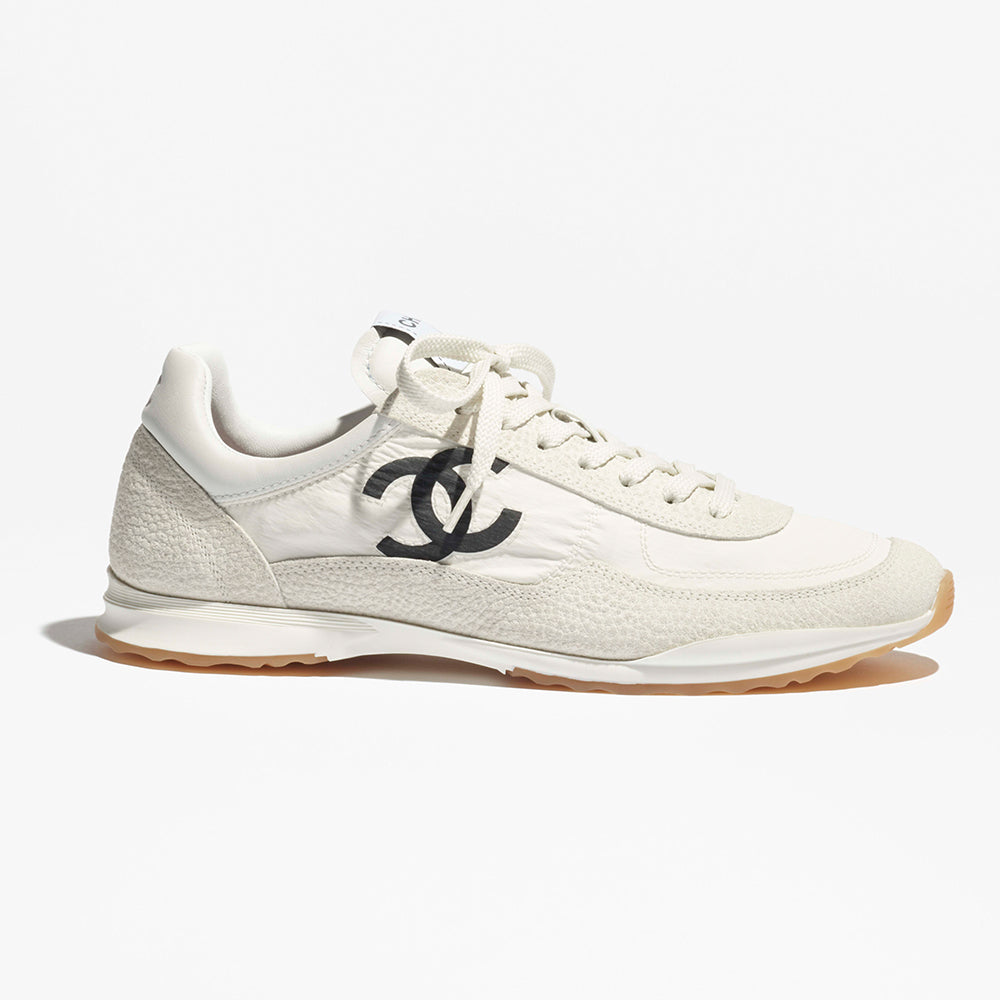 CHANEL Trainers Fabric Embossed Suede Calfskin White Black #381215