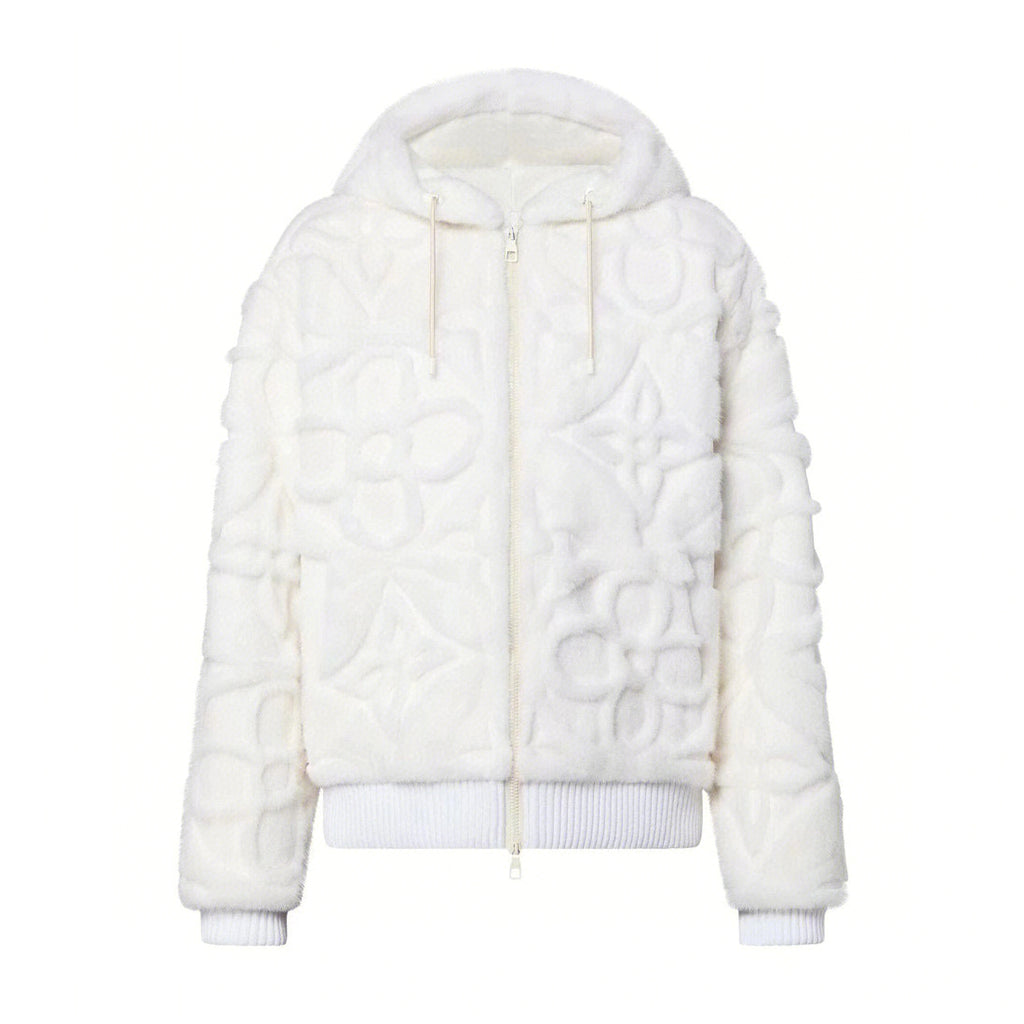 Louis Vuitton Men's And Women's Aged Shearling Embossed Craft Velvet Mink Pure White Zip Jacket #97838