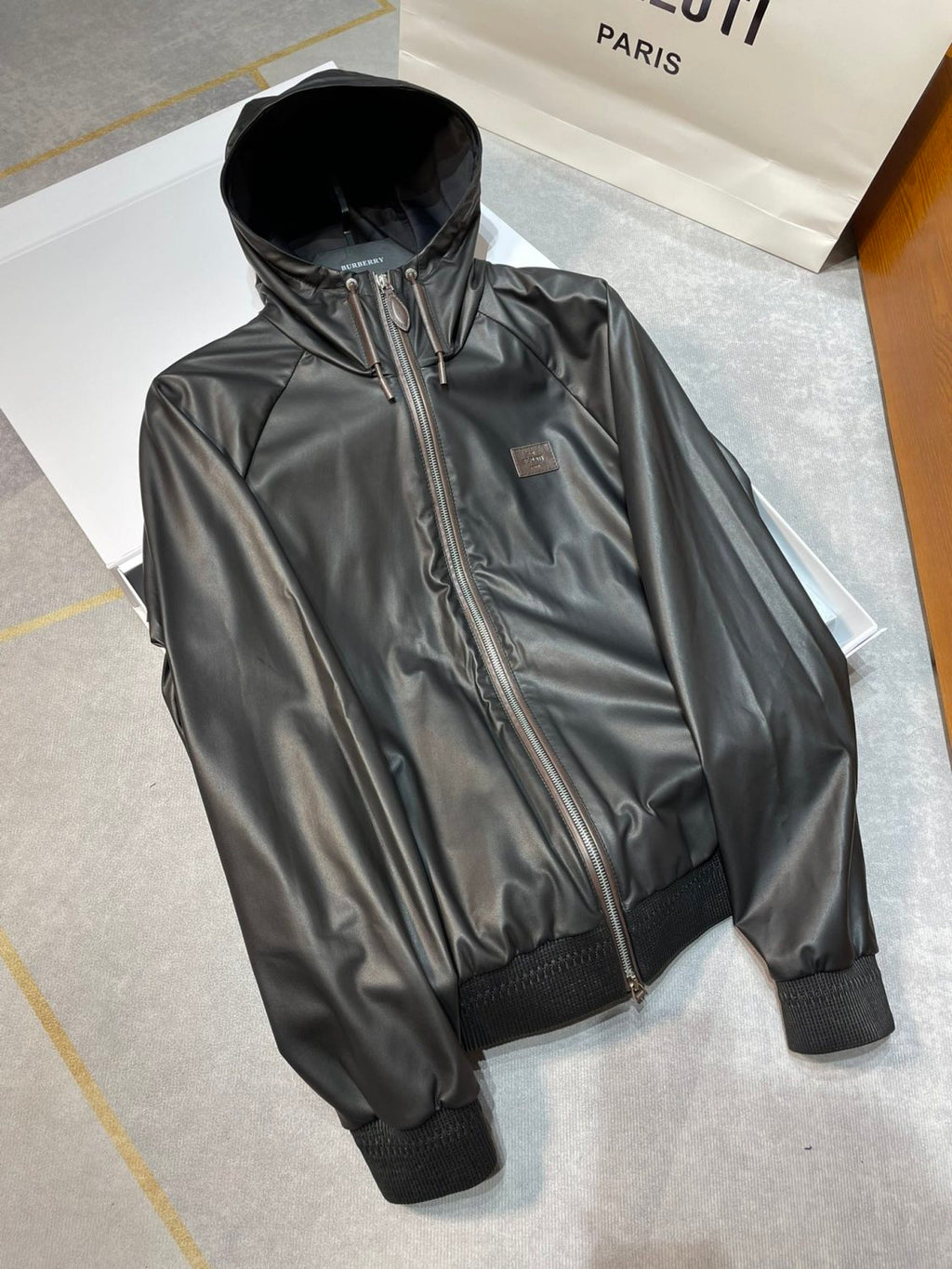 Berluti Men's Spring/autumn Fashion Casual Solid Color Zipper Leather Hooded Long Sleeve Jacket #78367