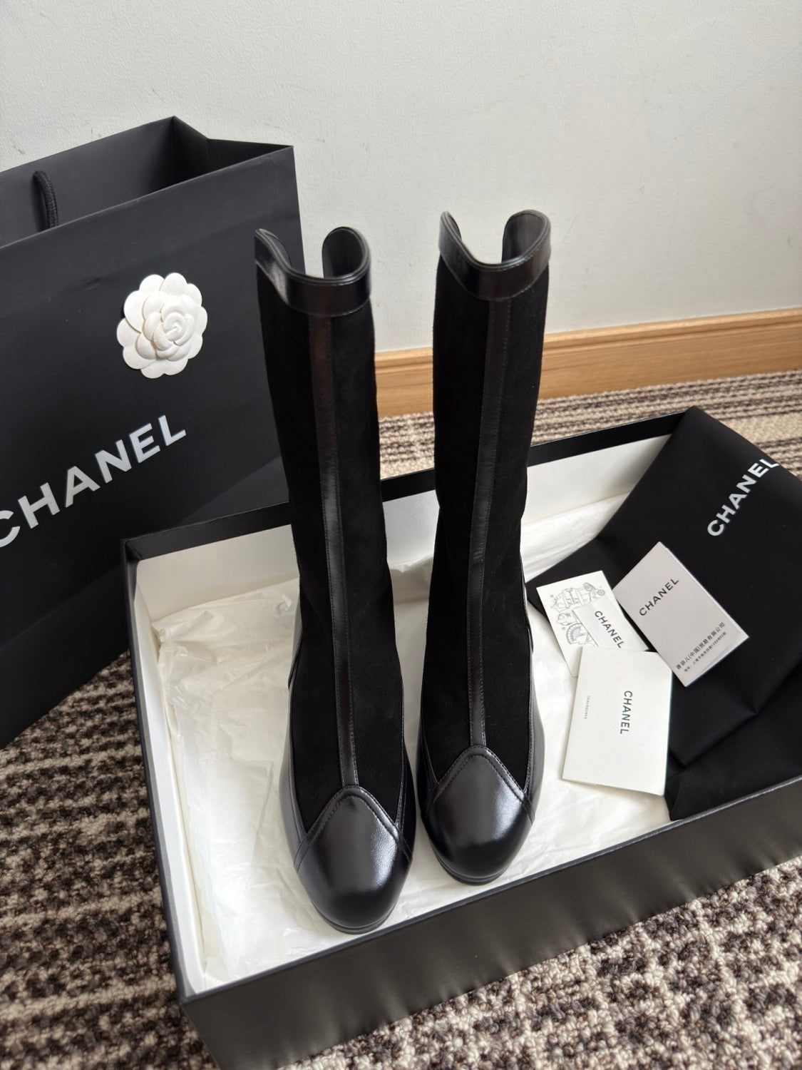 Chanel Women's Spring And Summer High Luxury Colorblocking Suede Short Boots Fashion Exquisite Black Temperament With Heels  Shoes Ngvp #2476