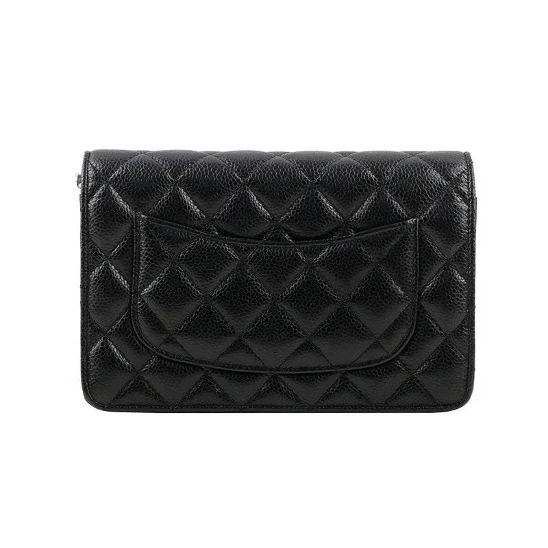 CHANEL Classic CC Logo Silver Buckle Lychee Leather Black #332724