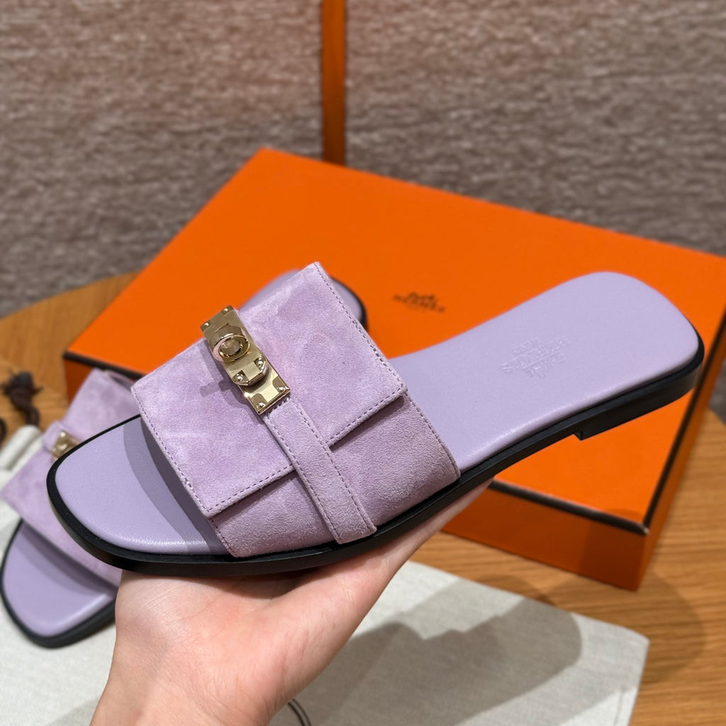 Hermes Giulia Women's Summer Solid Color Metal Buckle Round Toe Suede Leather Sandals Slippers Shoes #77667