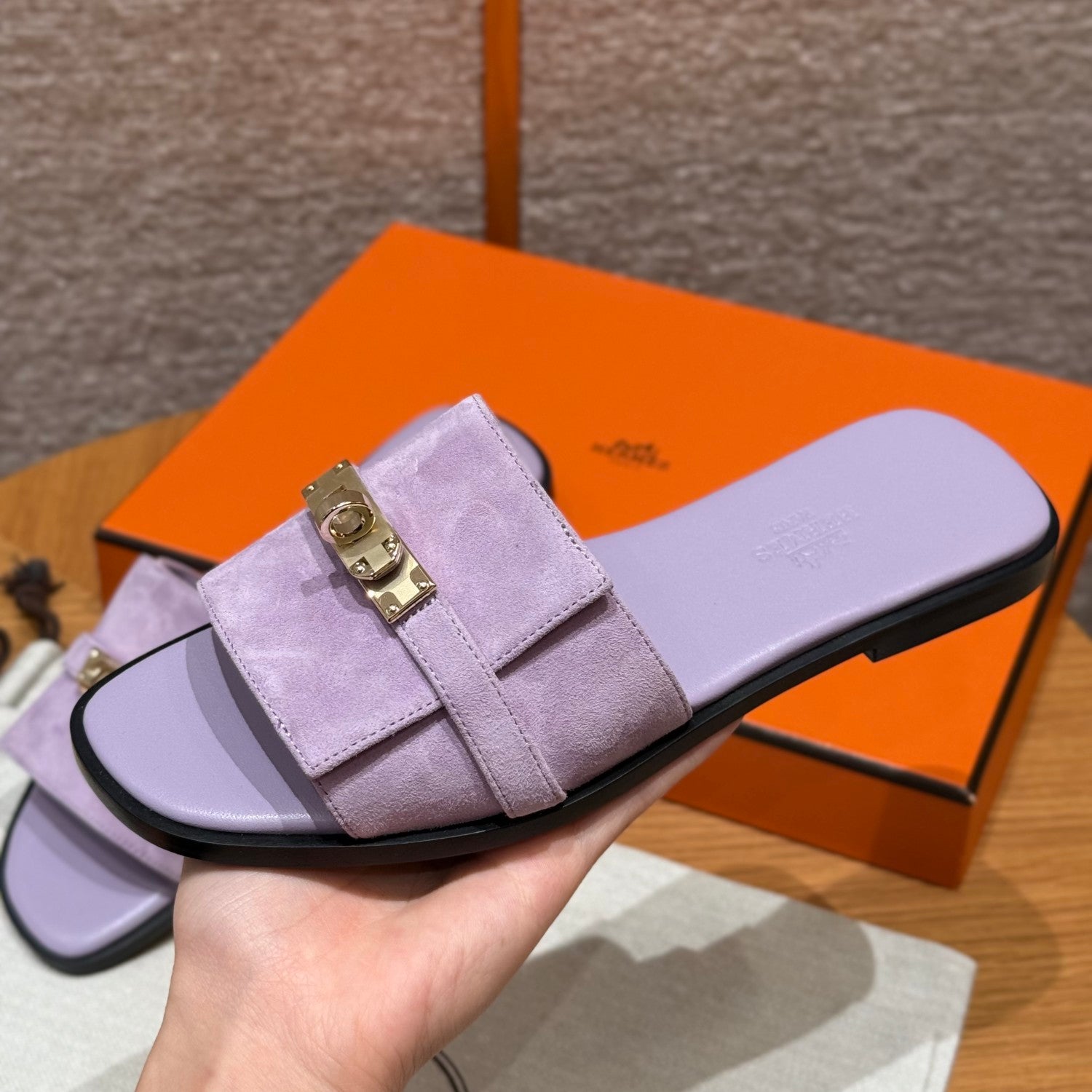 Hermes Giulia Women's Summer Solid Color Metal Buckle Round Toe Suede Leather Sandals Slippers Shoes #77667