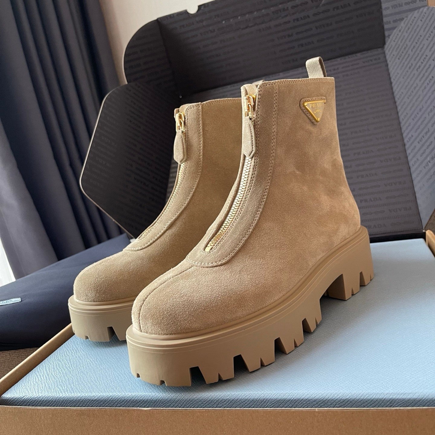 PRADA  Desert Yellow Suede Booties with Zip Classic Triangle Logo British Style Retro Short Boots Cow Suede #330178