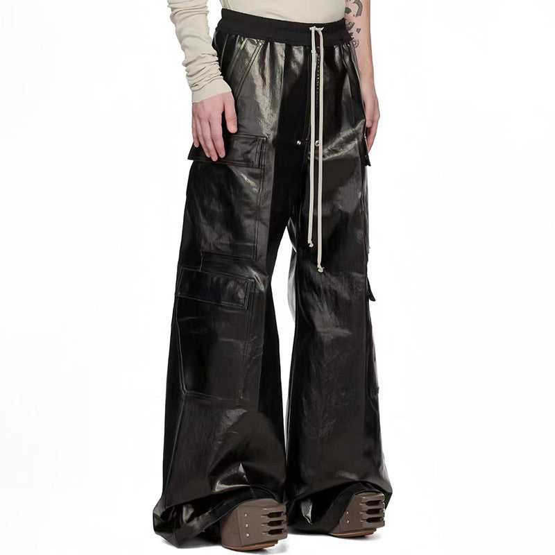 Rick Owens Men's Fashion Biker Retro Work Pants Zipper Drawstring Black Multi-pocket Loose Long Pants Ngvp #7442