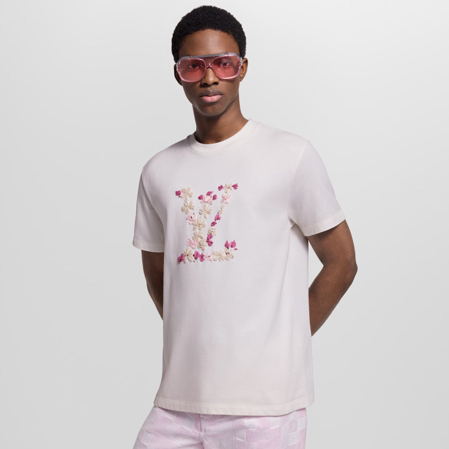 Louis Vuitton x Men's Floral Embroidered Round Neck Cotton Solid Color Summer Straight Short Sleeve T-Shirt #81353