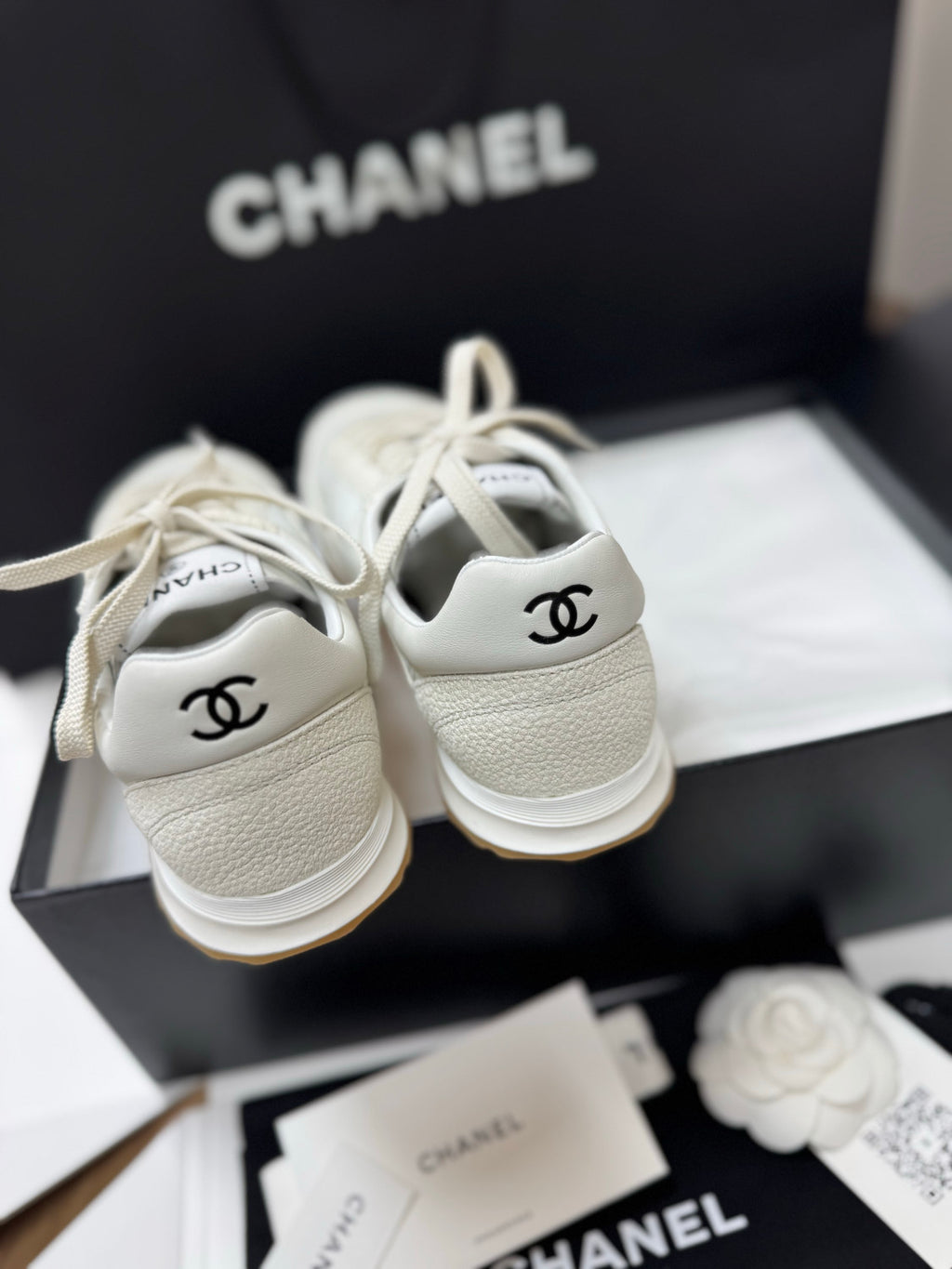 CHANEL Trainers Fabric Embossed Suede Calfskin White Black #381215