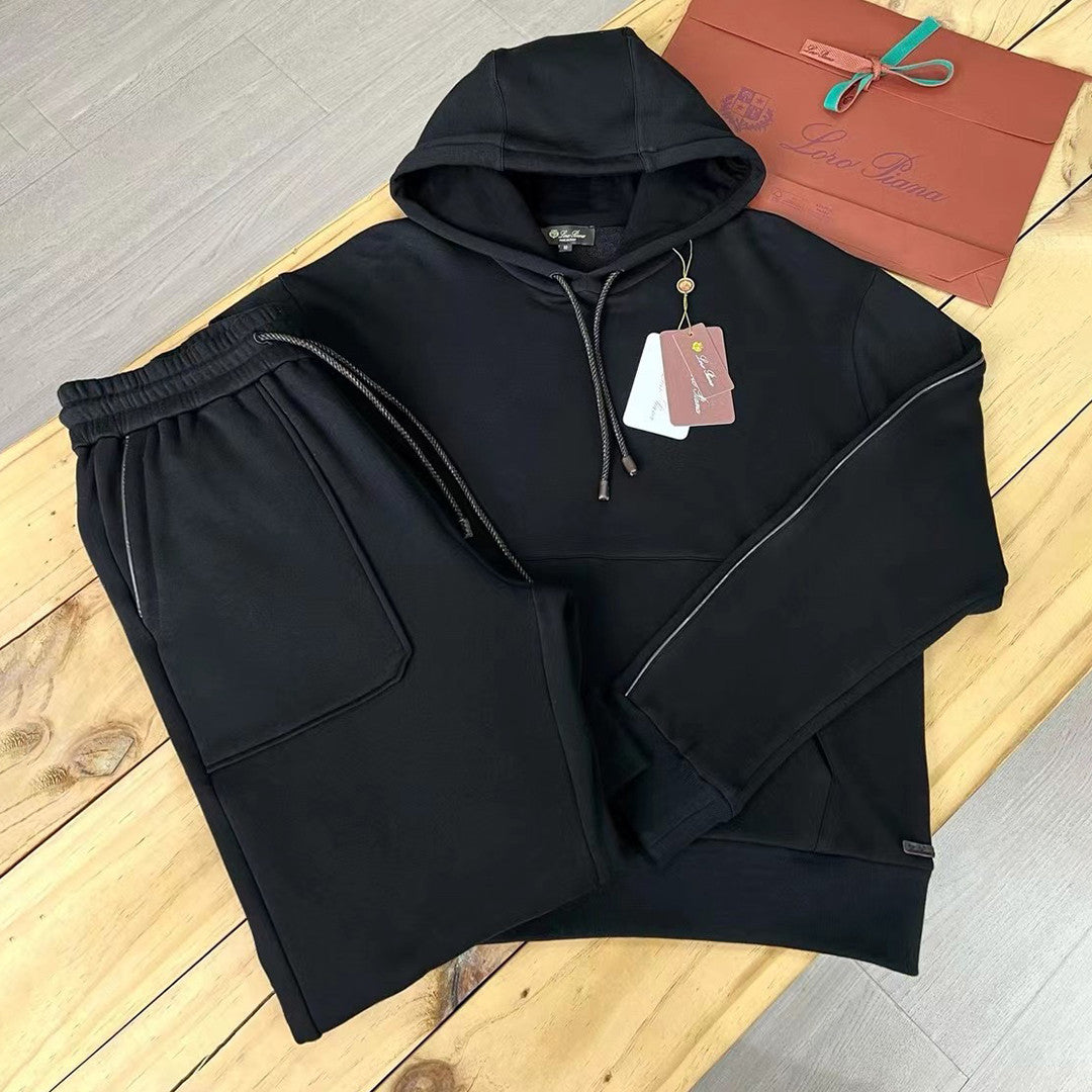 Loro Piana Men's Autumn And Winter Solid Color Hooded Long Sleeve Sweatshirt Casual Lace-Up Pants Set Ngvp #9216