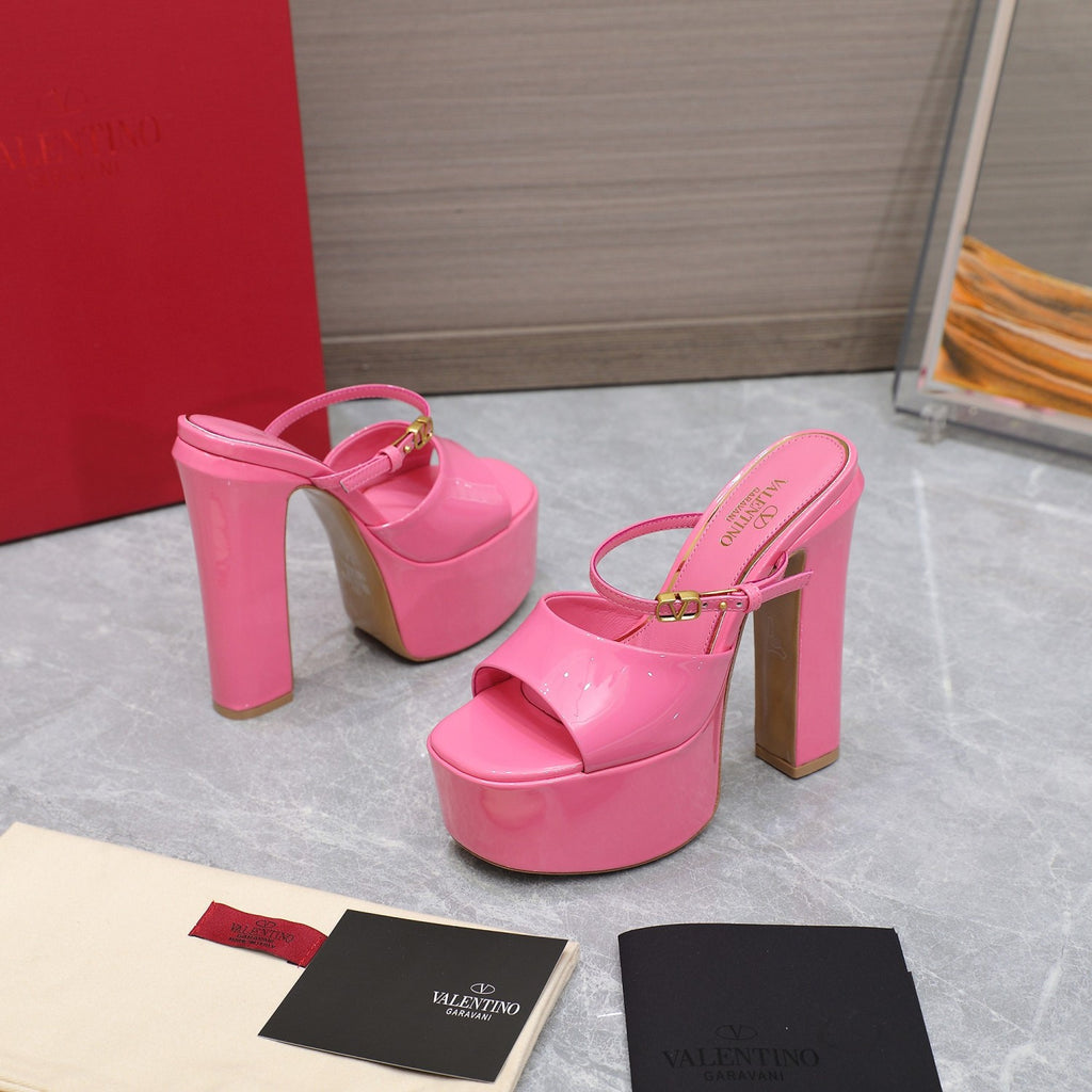 Valentino Spring And Summer Waterproof Platform Patent Leather High Heels Fashion Heightening Sexy Temperament Elegant Slippers Sandals Shoes Waterproof Platform 4cm Heel Height 15.5cm #81145