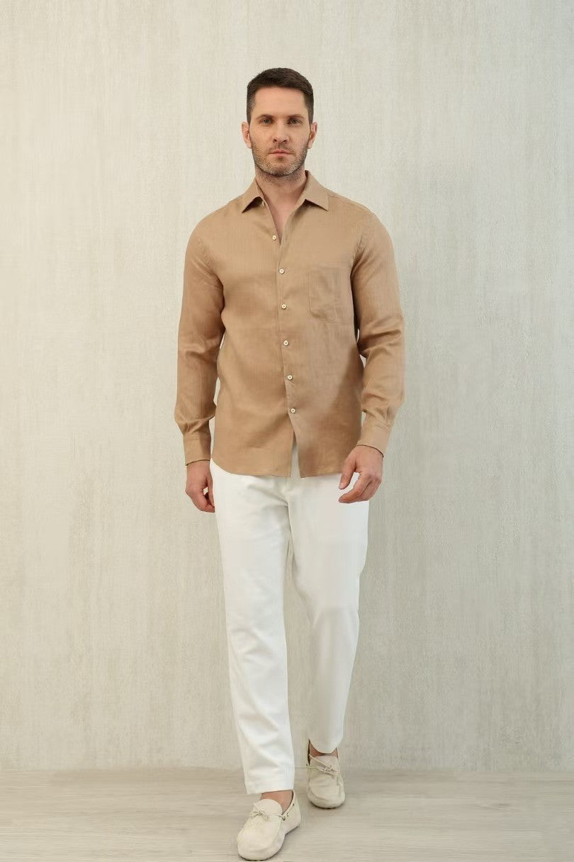 Loro Piana Men's Spring And Summer Solid Color André Shirt Lapel Single-breasted Linen Shirt Ngvp #7962