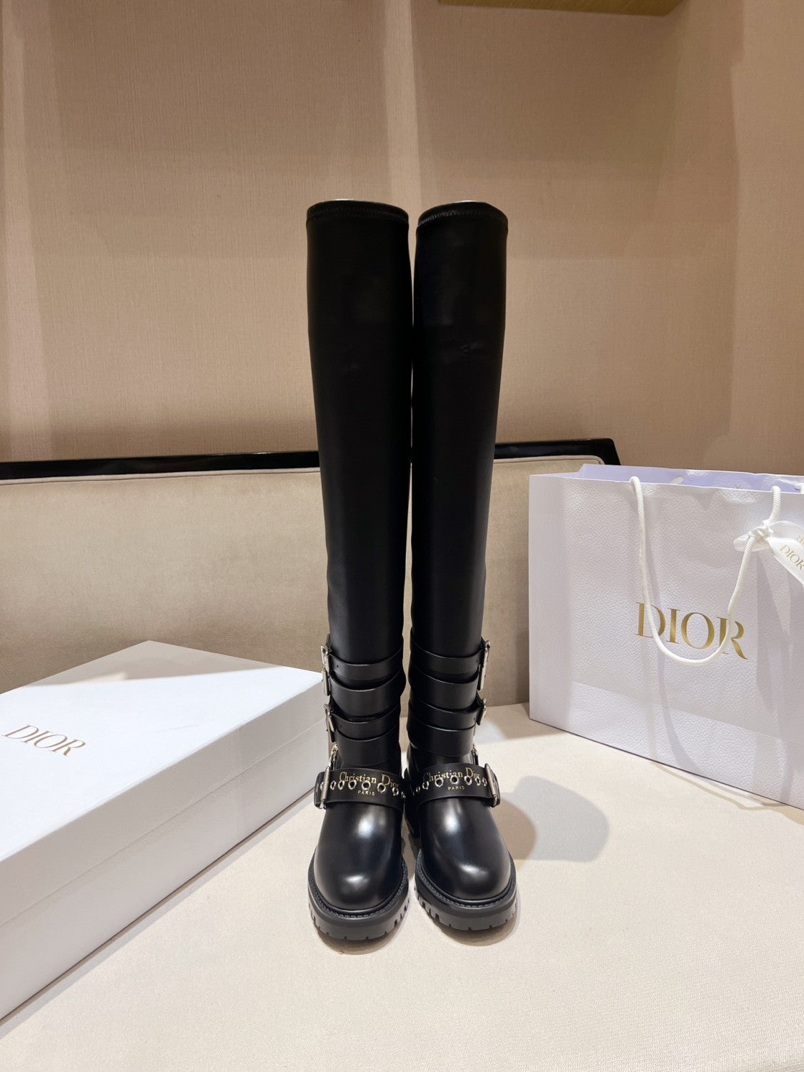 Dior D-Fight Women's Fall/Winter Classic Fashion Round-Toe Zipper Chunky Heel Leather Over-the Knee Boots Shoes #78766