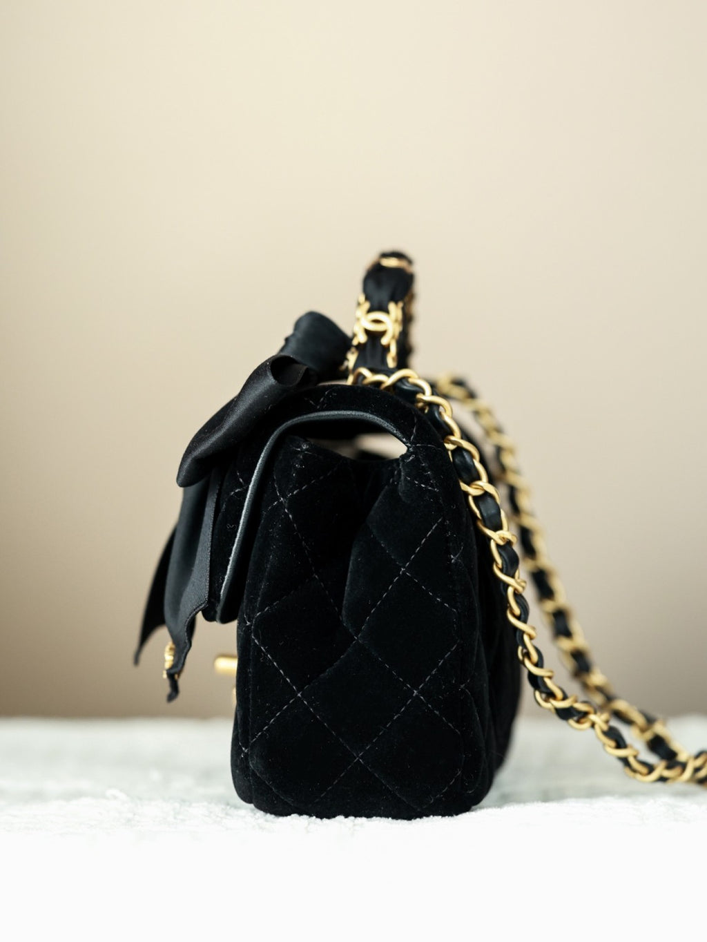 Chanel Mini Flap Bag With Top Handle Velvet Silk Gold-tone Metal Black #336177