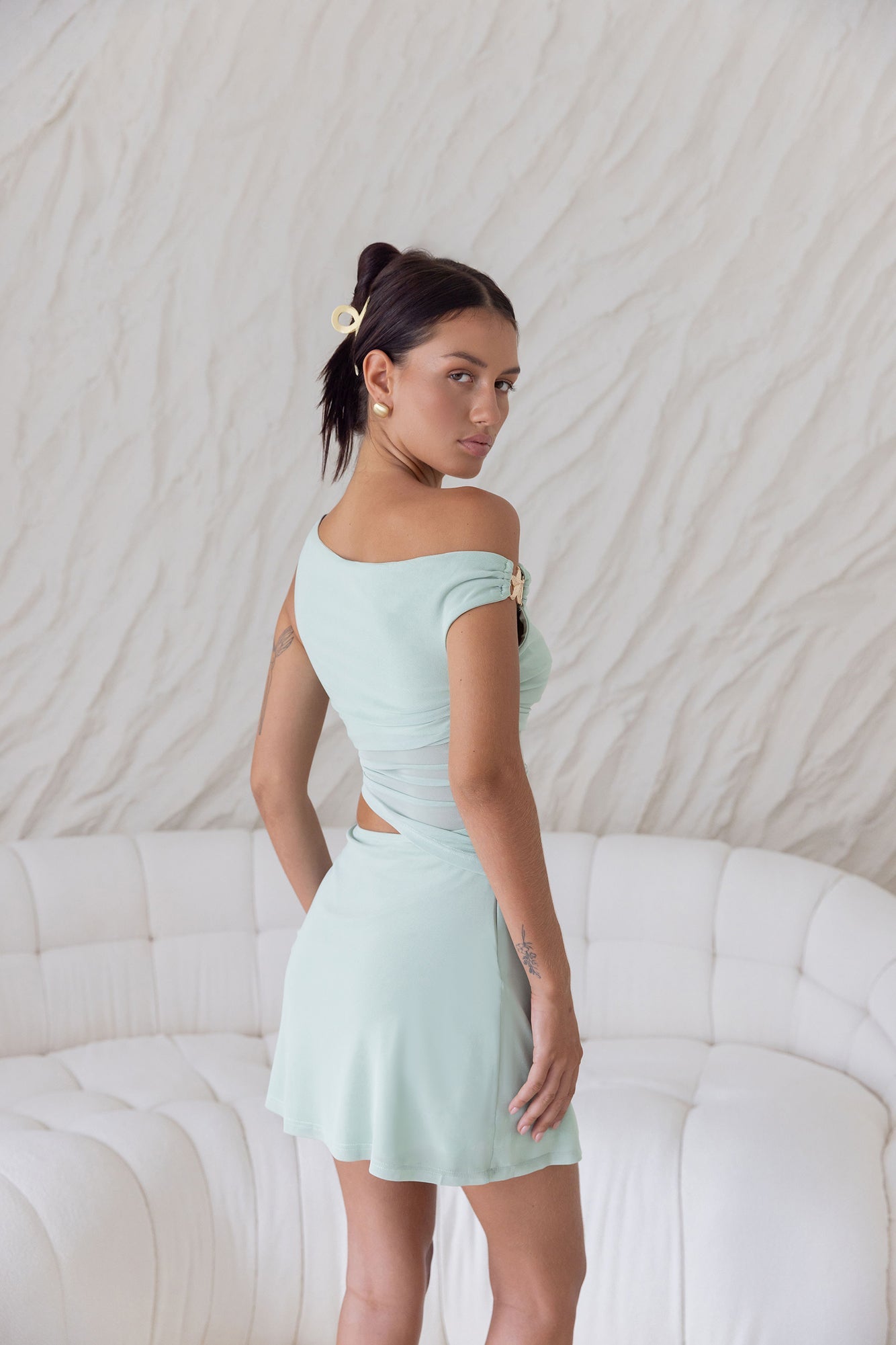Forever Present Off Shoulder Mesh Mini Dress Sage