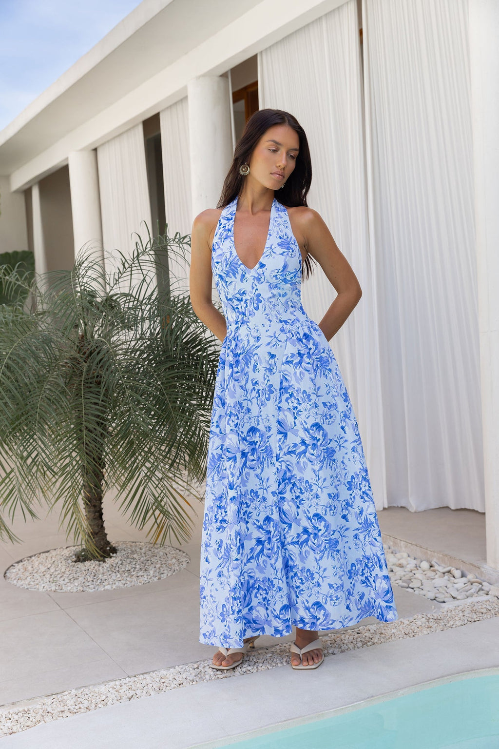 Seaside Petals Halter Maxi Dress Blue