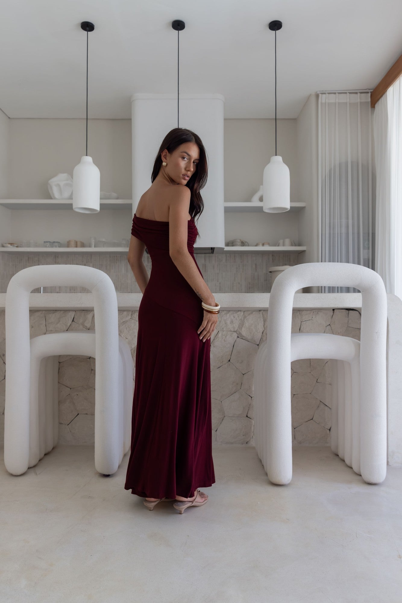 Sundown Secrets Off Shoulder Maxi Dress Wine