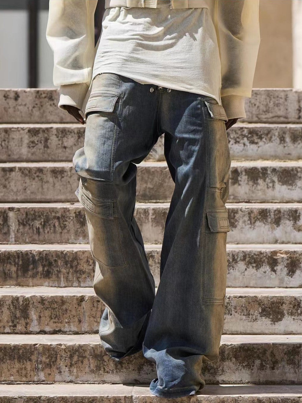 Rick Owens Men's Four Seasons High Street Wide Leg Loose Washed Casual Gradient Color Straight Pants Jeans Ngvp #1822