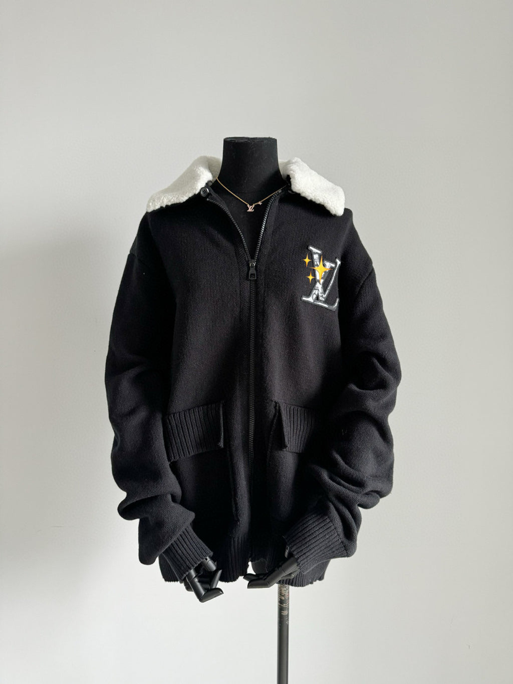 Louis Vuitton Men's Fall/Winter Wool Blouson With Shearling Collar Black Logo Pattern Jacquard Lapel Sheep Zipper Jacket #98114