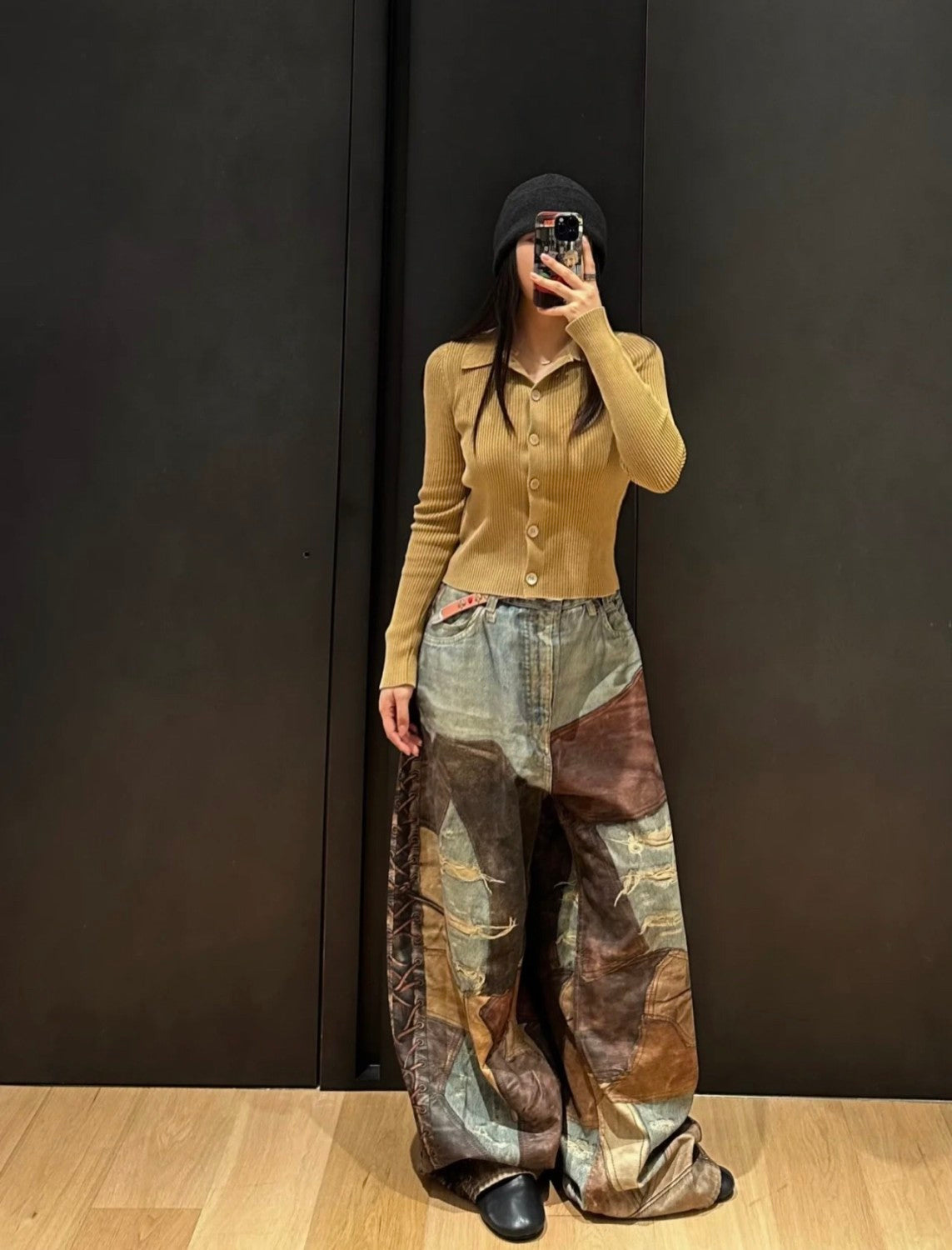 Acne Studios Men's Four Seasons Vintage Mud Dye Spliced Printed Loose Cotton Mid Waist Wide Leg Denim Pants Ngvp #8369