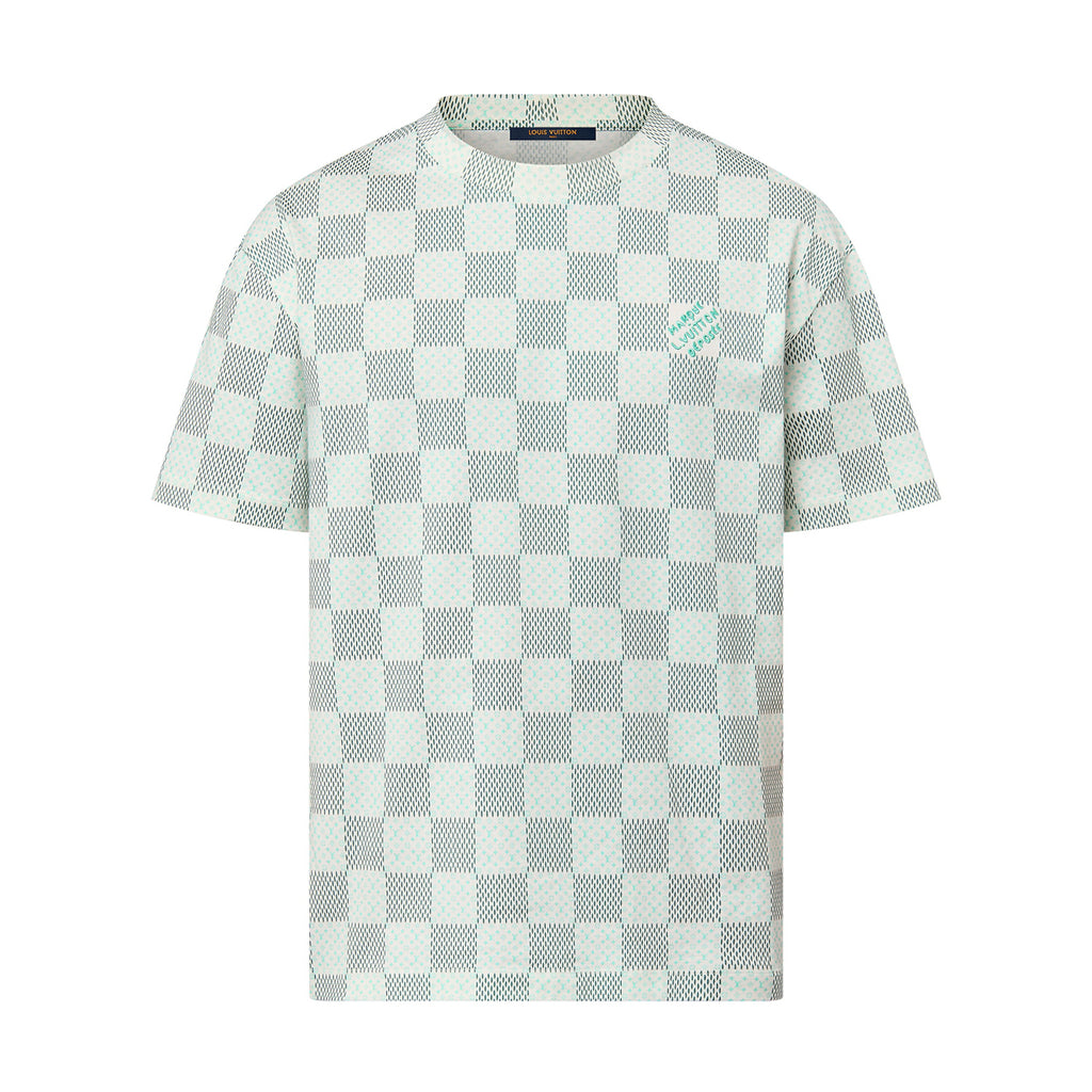 Louis Vuitton Men's Green Checkerboard Graphic Crew Neck Cotton Short Sleeve T-Shirt #99471