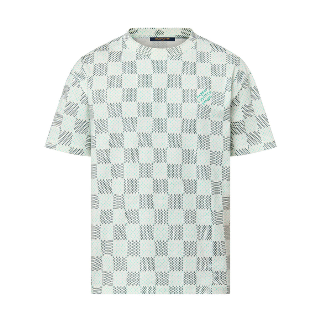 Louis Vuitton Men's Green Checkerboard Graphic Crew Neck Cotton Short Sleeve T-Shirt #99471