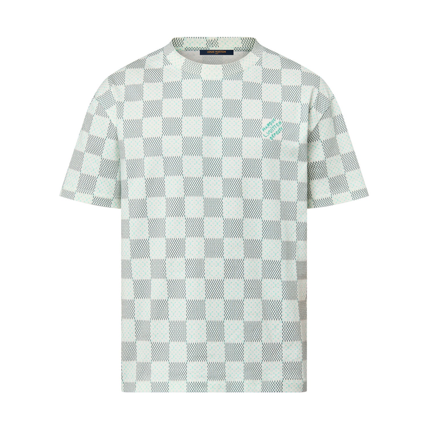 Louis Vuitton Men's Green Checkerboard Graphic Crew Neck Cotton Short Sleeve T-Shirt #99471