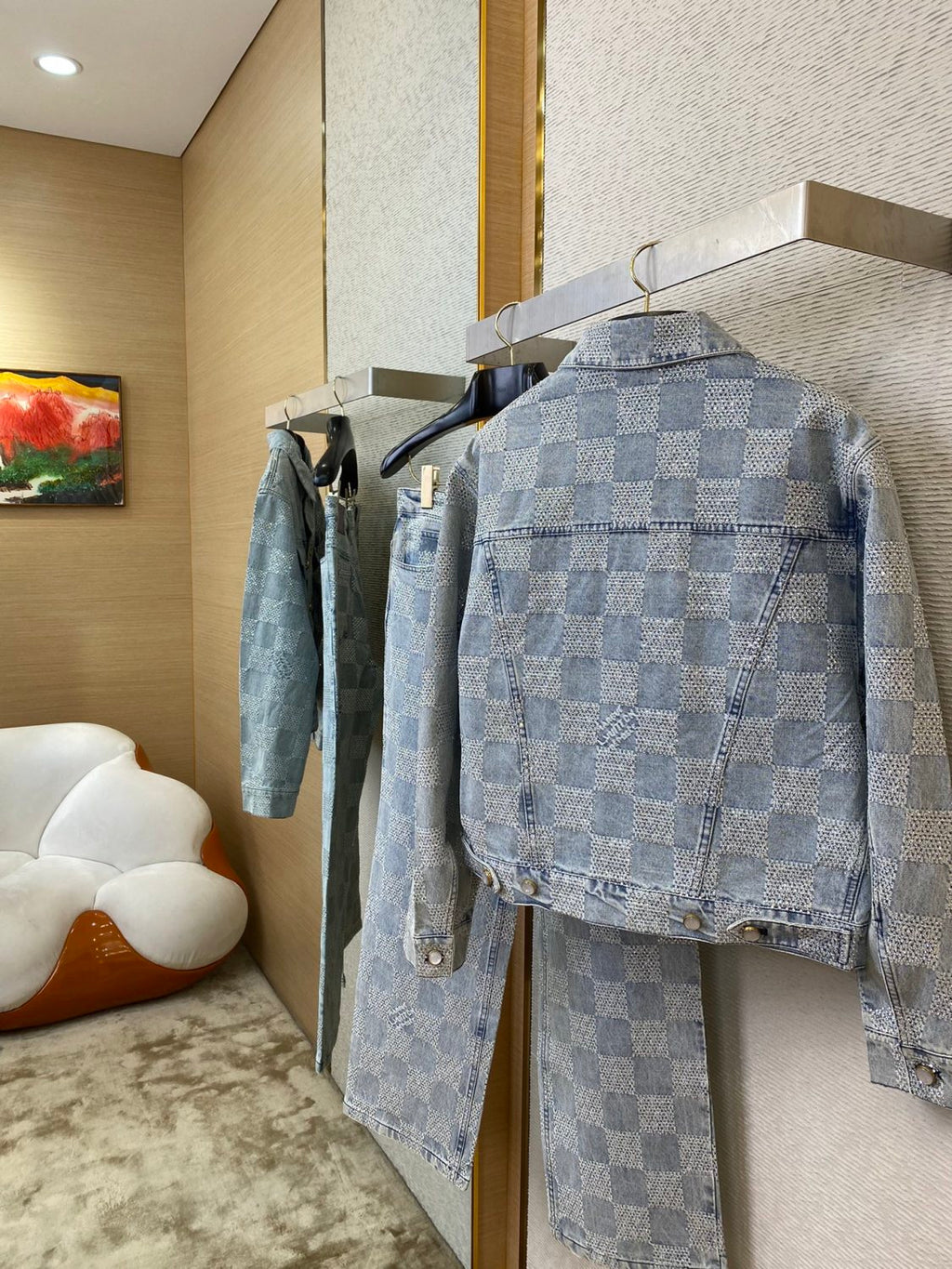 Louis Vuitton Men's Spring And Autumn Checkerboard  Print Jacquard Crystal Decoration Single Breasted Long Sleeved Denim Jacket Casual Jeans Pants Suit Set #75273