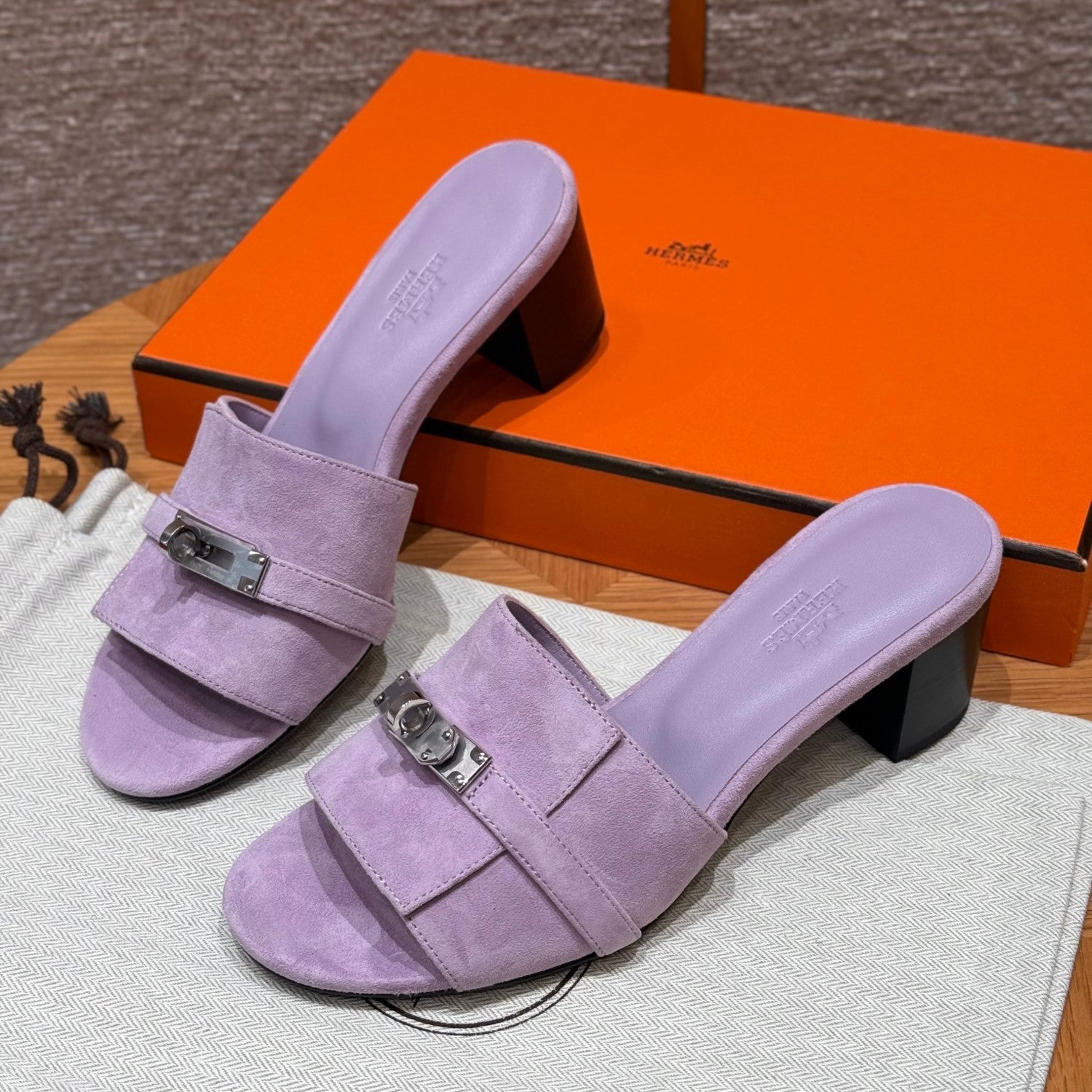 Hermes Gigi 50 Women's Summer Solid Color Metal Buckle Round Toe Suede Leather High Heel Sandals Shoes #77668