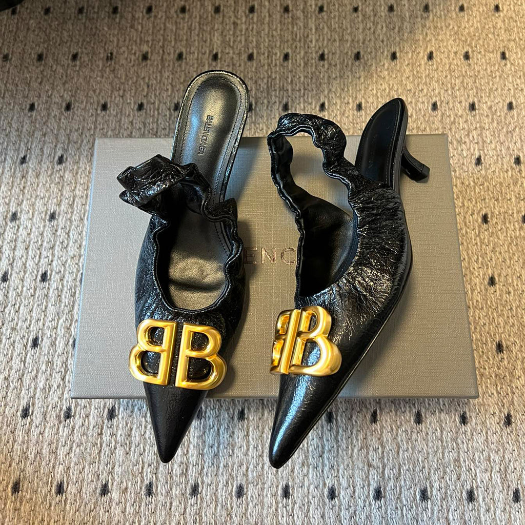 Balenciaga Women's Monaco 50mm Slingback Spring And Summer Double B Metal Decoration Pointed Sandals Fine Heel High Heels Fashion Sexy Black Silver Basic Sandals Shoes Heel 4.5cm #76337