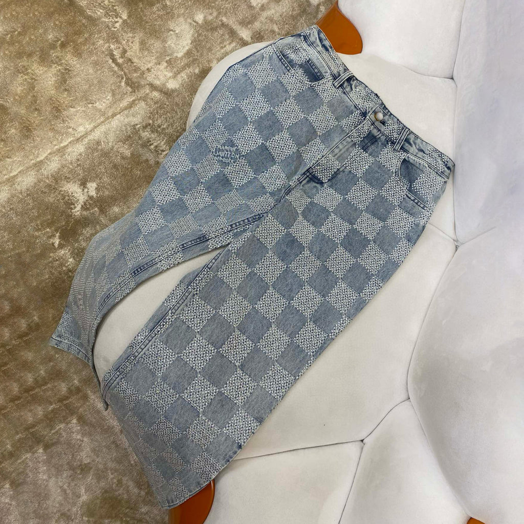 Louis Vuitton Men's Spring And Autumn Checkerboard  Print Jacquard Crystal Decoration Single Breasted Long Sleeved Denim Jacket Casual Jeans Pants Suit Set #75273